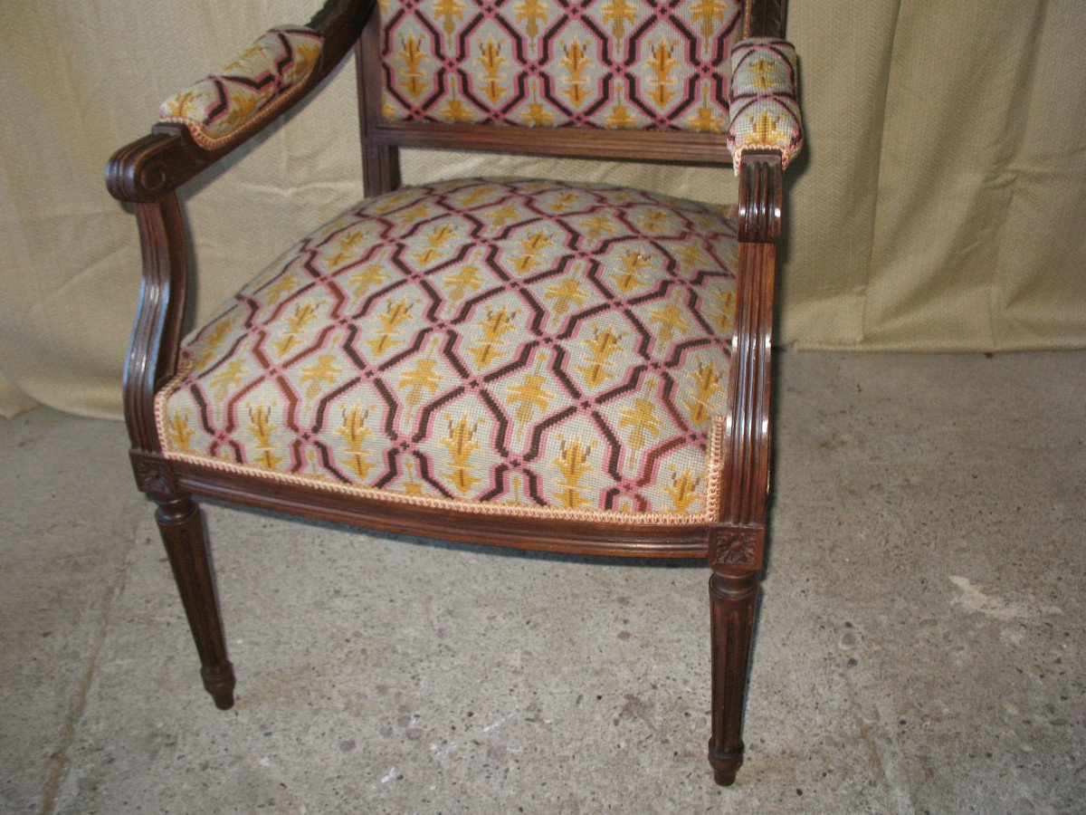 Pair Of Walnut Armchairs With Flat Backs, 19th Century Louis XVI Style, Stitched Trim-photo-1