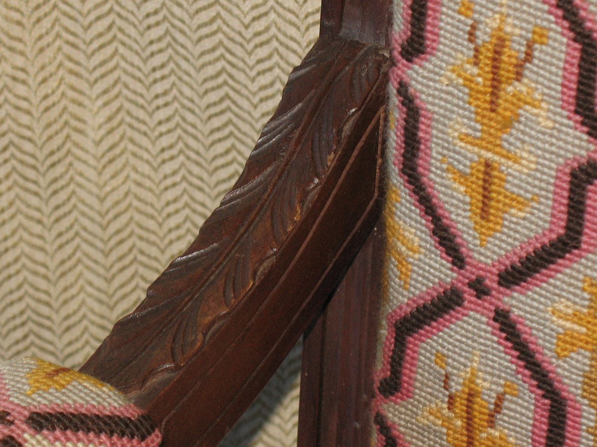 Pair Of Walnut Armchairs With Flat Backs, 19th Century Louis XVI Style, Stitched Trim-photo-2