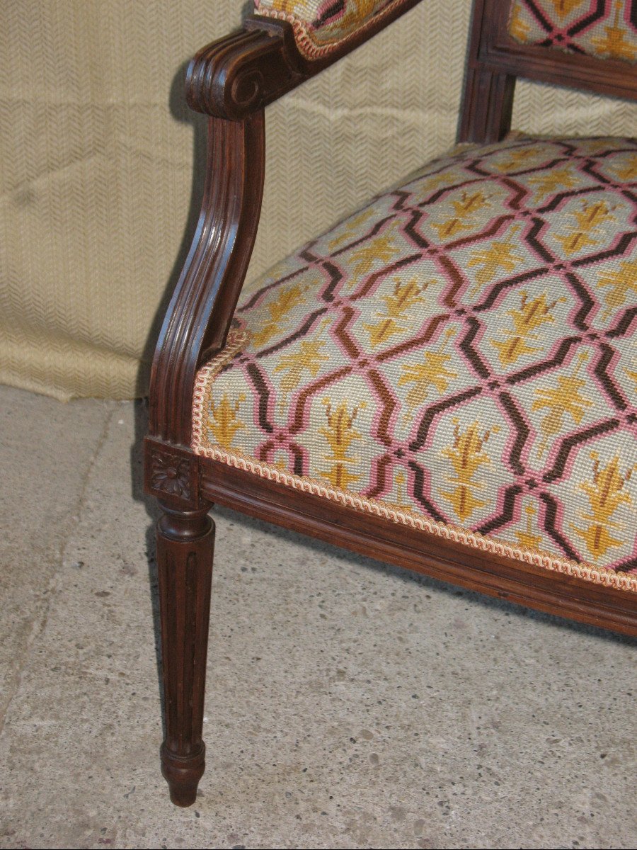 Pair Of Walnut Armchairs With Flat Backs, 19th Century Louis XVI Style, Stitched Trim-photo-4