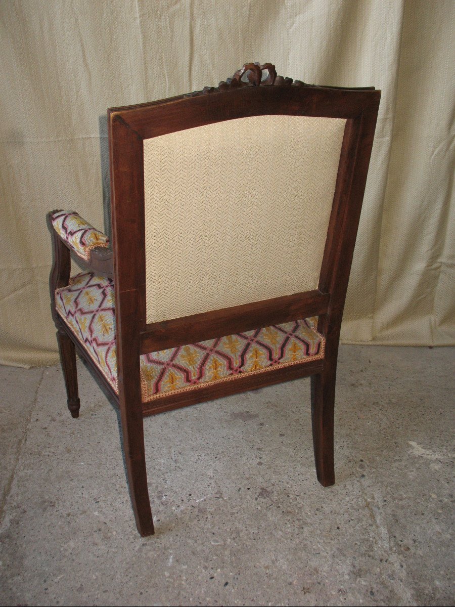 Pair Of Walnut Armchairs With Flat Backs, 19th Century Louis XVI Style, Stitched Trim-photo-5