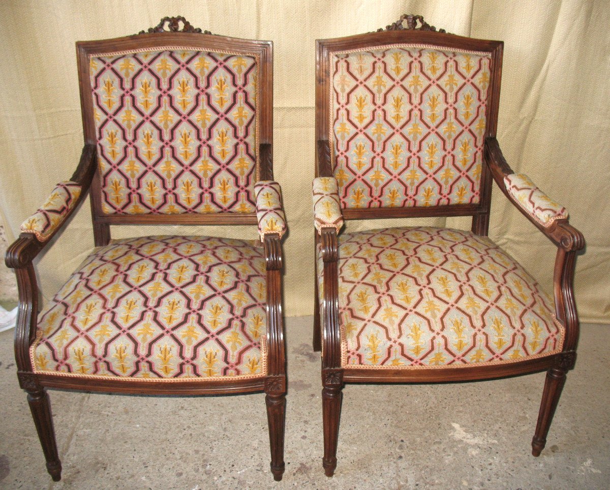 Pair Of Walnut Armchairs With Flat Backs, 19th Century Louis XVI Style, Stitched Trim