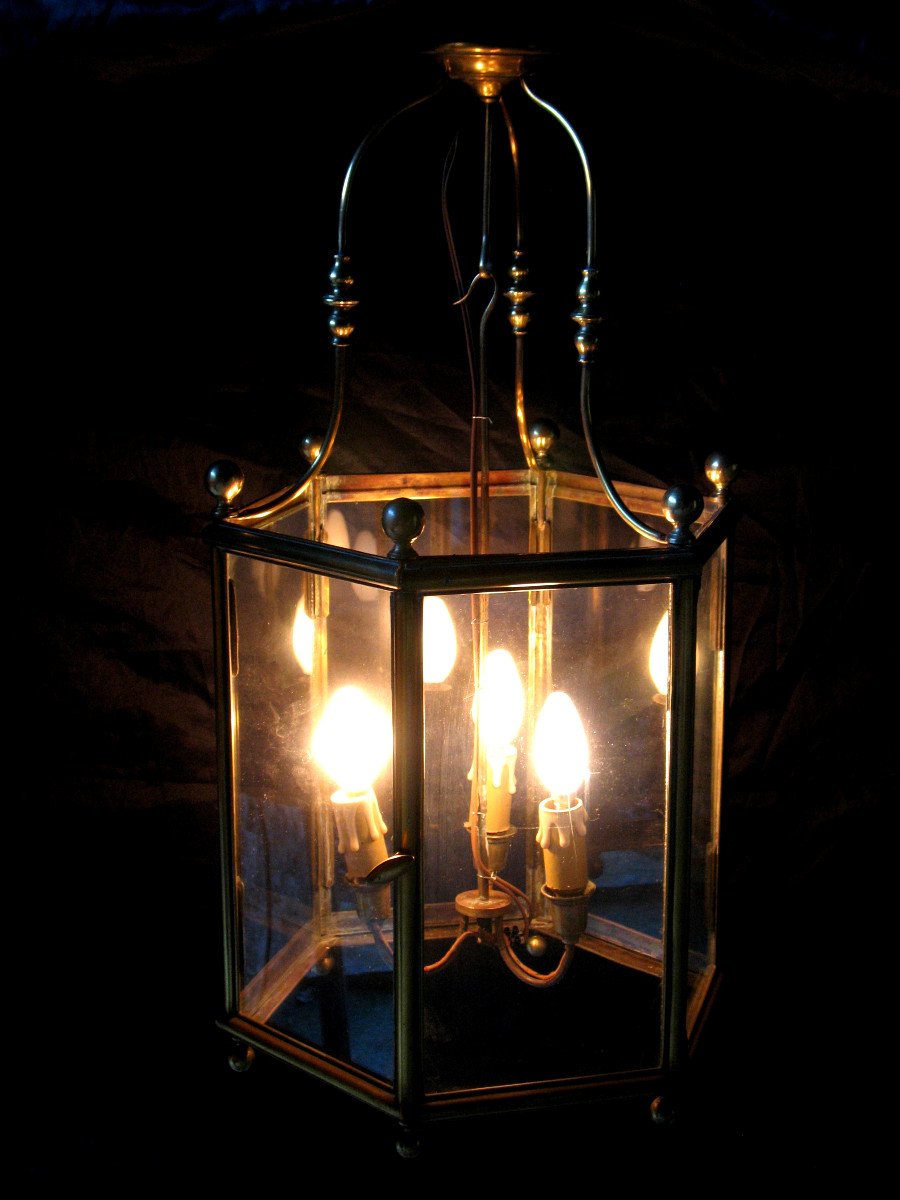 Exagonal Lantern With 3 Lights In Bronze And Brass, Louis XIV Style, Early 20th Century