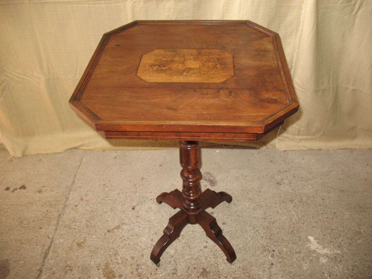 Small Octagonal Pedestal Table In Mahogany And Marquetry With Floral Decoration, Restoration Period 19th-photo-2