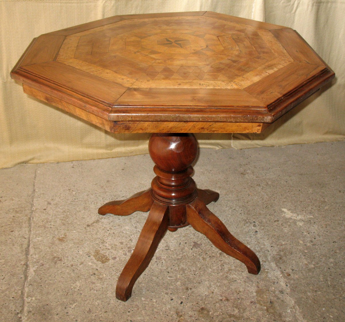 Octagonal Shaped Pedestal Table In Charles X Style Marquetry, 19th Century-photo-3