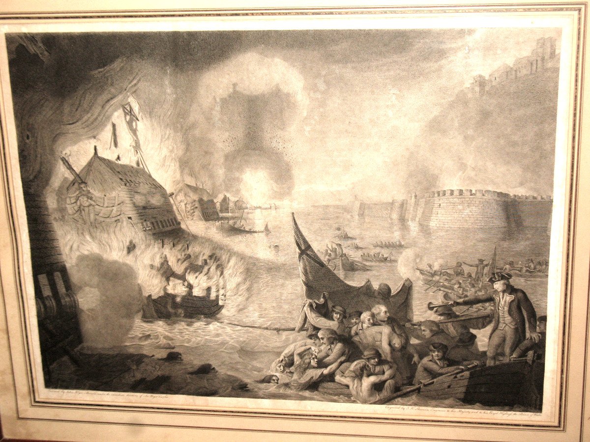 Naval Battle Large English Engraving By John Keyse Sherwin 18th Century Framed