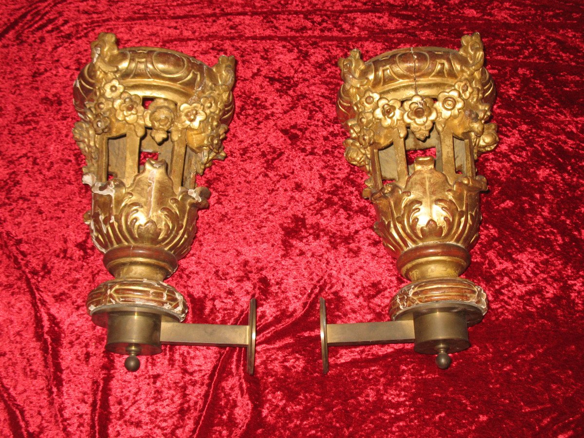 Pair Of Medici-shaped Lanterns In Gilded Wood, 18th Century, Louis XVI Style-photo-2