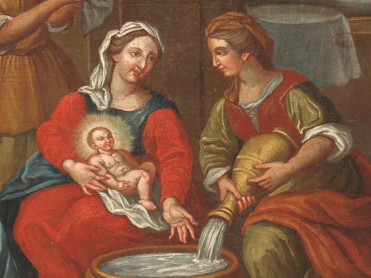 Le bain de l'enfant Nativité huile sur toile école italienne grand tableau religieux ép. 17ème-photo-3