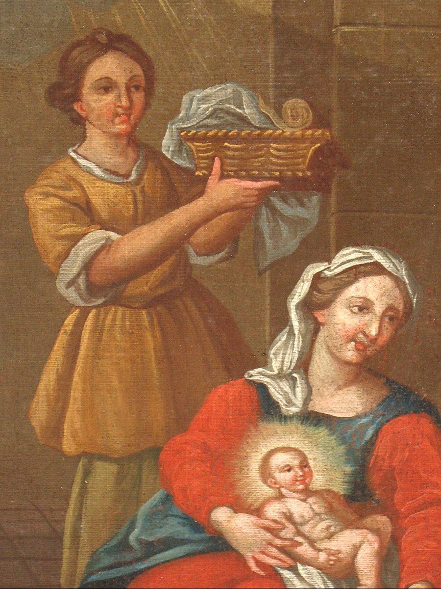 Le bain de l'enfant Nativité huile sur toile école italienne grand tableau religieux ép. 17ème-photo-4