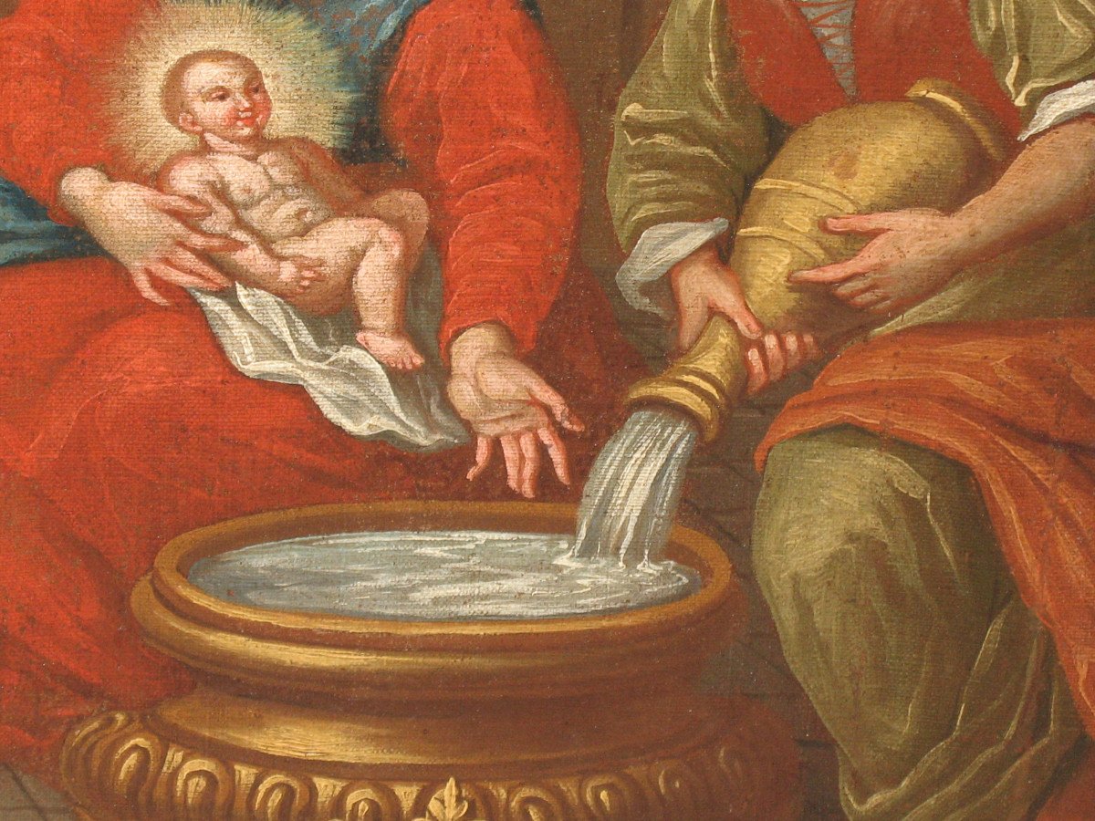 Le bain de l'enfant Nativité huile sur toile école italienne grand tableau religieux ép. 17ème-photo-4