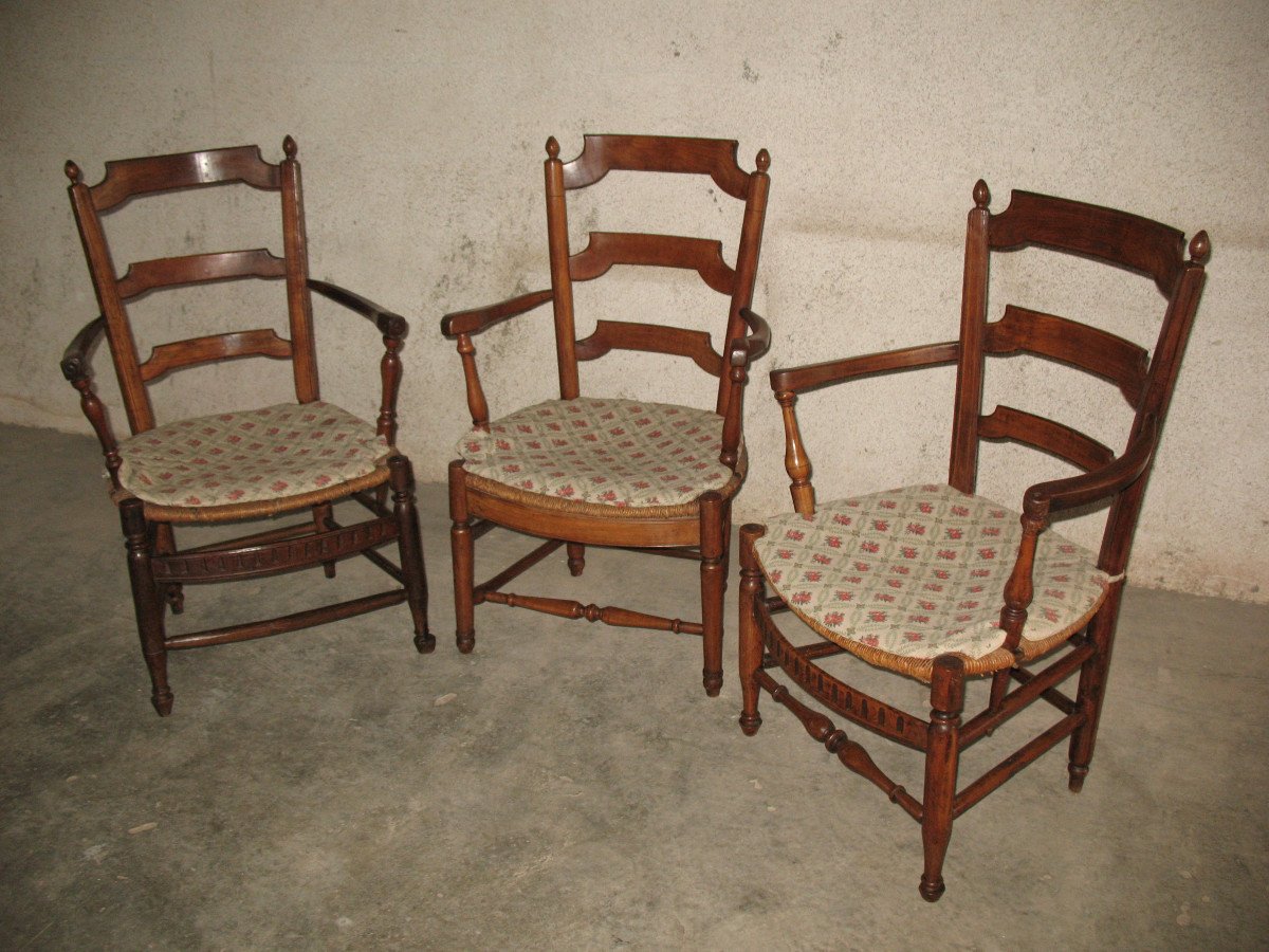 Suite Of 3 Provençal Straw Armchairs From The 19th Century In Louis XVI Style-photo-3