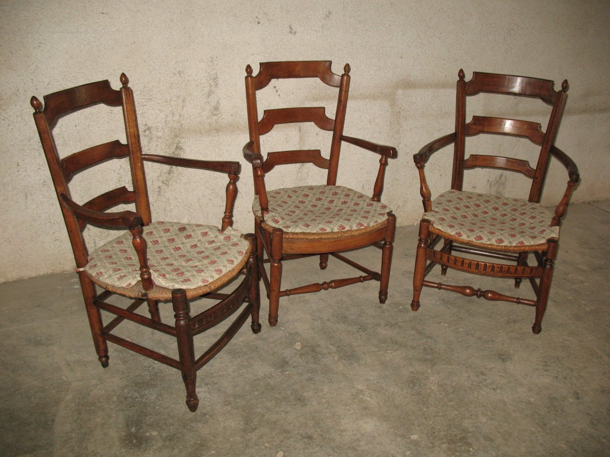 Suite Of 3 Provençal Straw Armchairs From The 19th Century In Louis XVI Style-photo-4