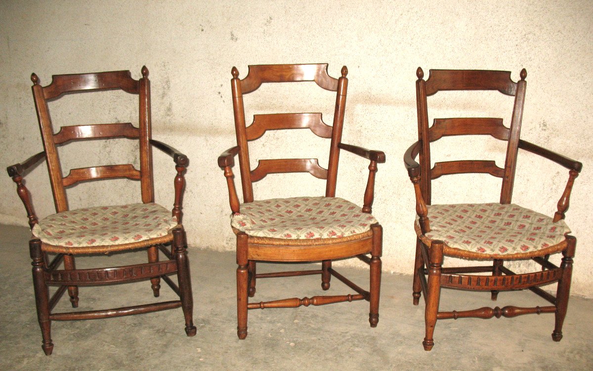 Suite Of 3 Provençal Straw Armchairs From The 19th Century In Louis XVI Style