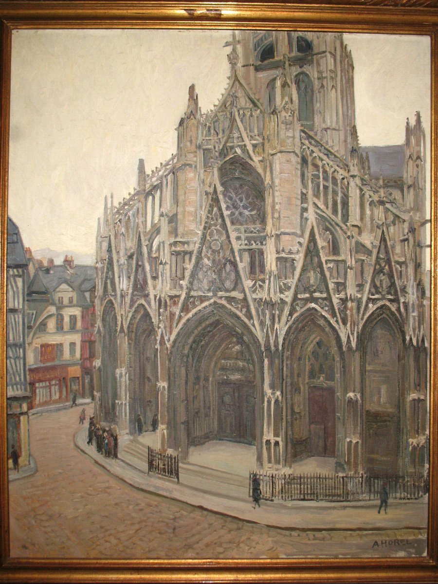 Portail de l'église Saint Maclou à Rouen huile sur toile signée de Albert Horel 1876-1964-photo-3