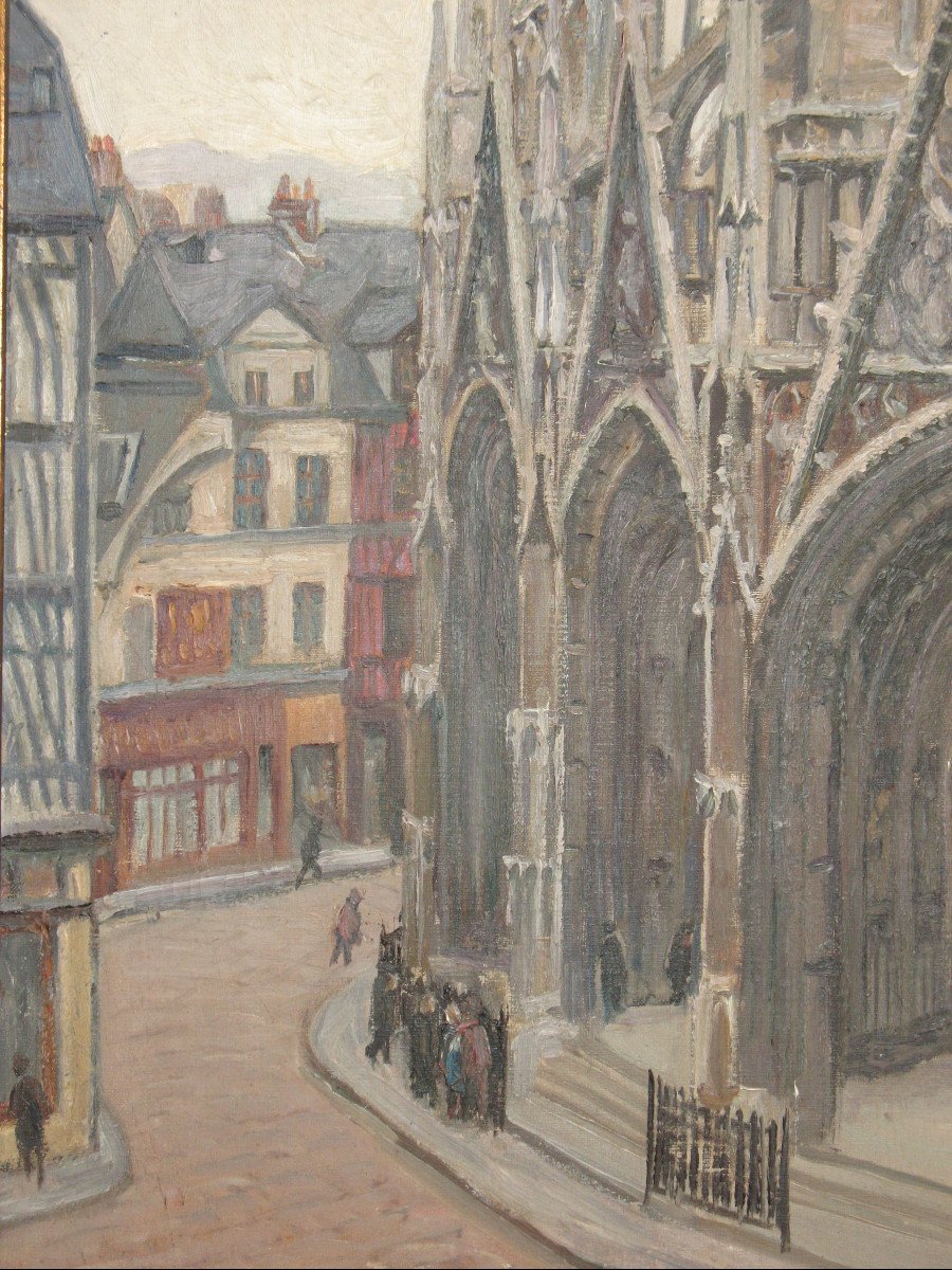 Portail de l'église Saint Maclou à Rouen huile sur toile signée de Albert Horel 1876-1964-photo-1