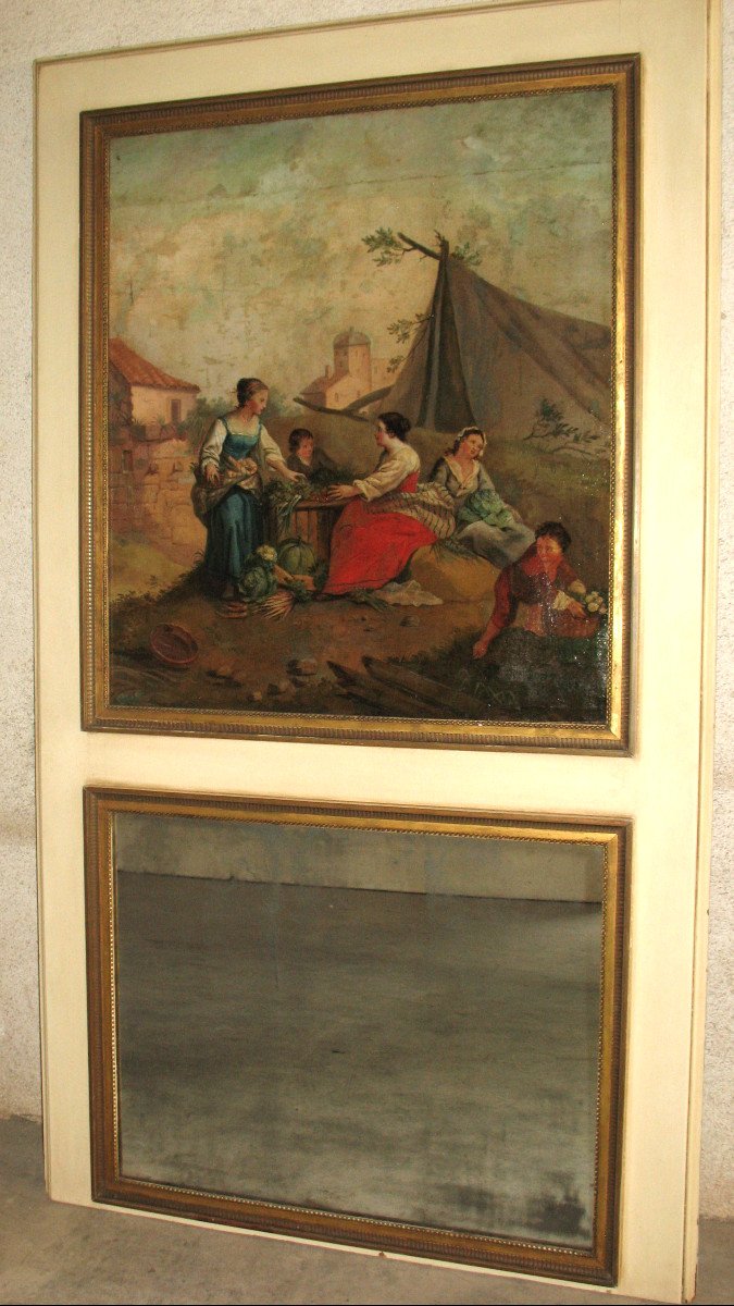 Trumeau In Lacquered Wood, Oil On Canvas And Mercury Mirror, Late 18th Louis XVI Period
