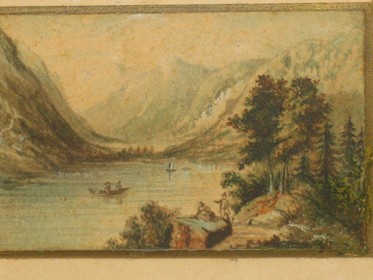 Swiss School 19th Small Gouache Representing A Mountainous Lake Landscape Bronze Frame-photo-5