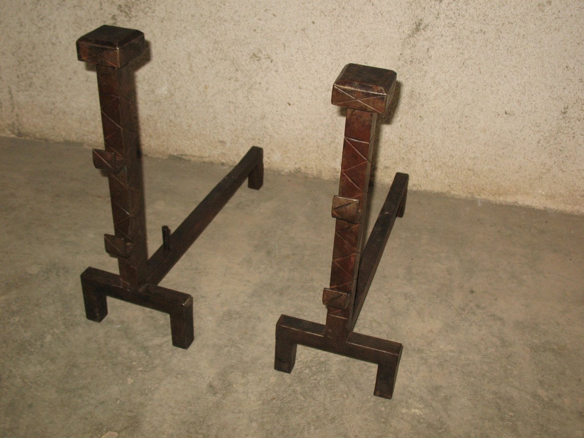 Pair Of Wrought Iron Andiron Landiers Art Deco Period-photo-2