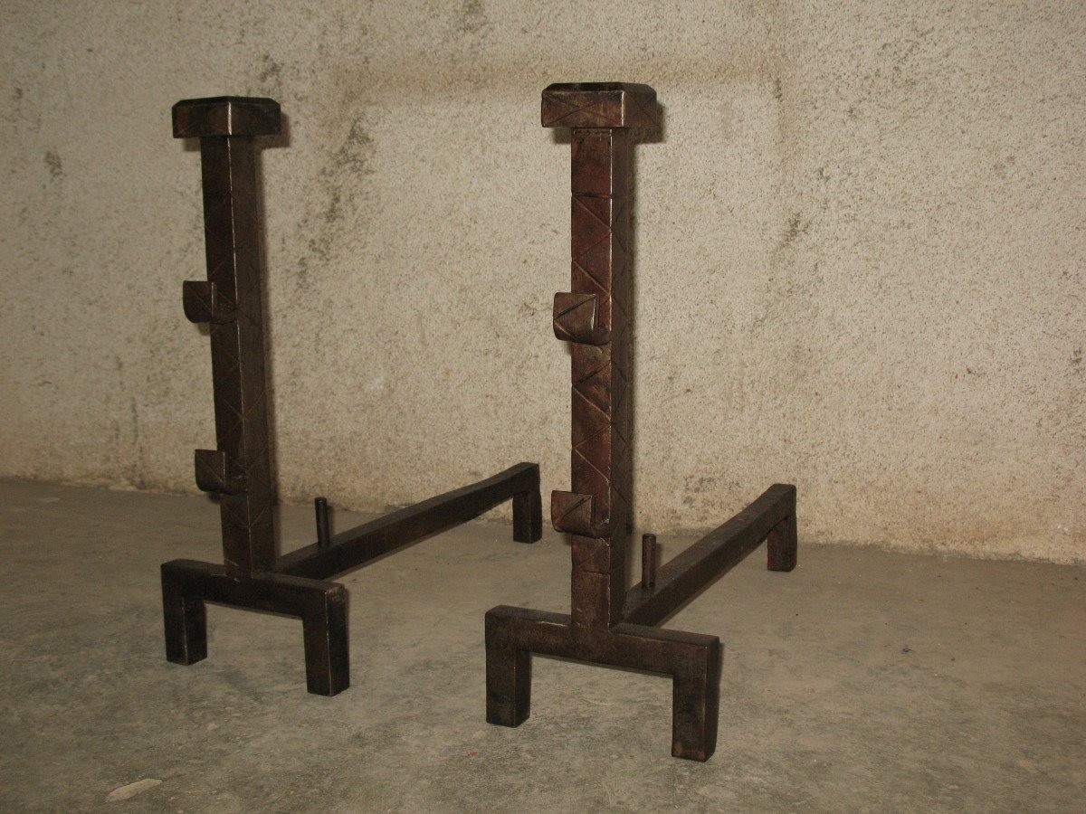 Pair Of Wrought Iron Andiron Landiers Art Deco Period-photo-4