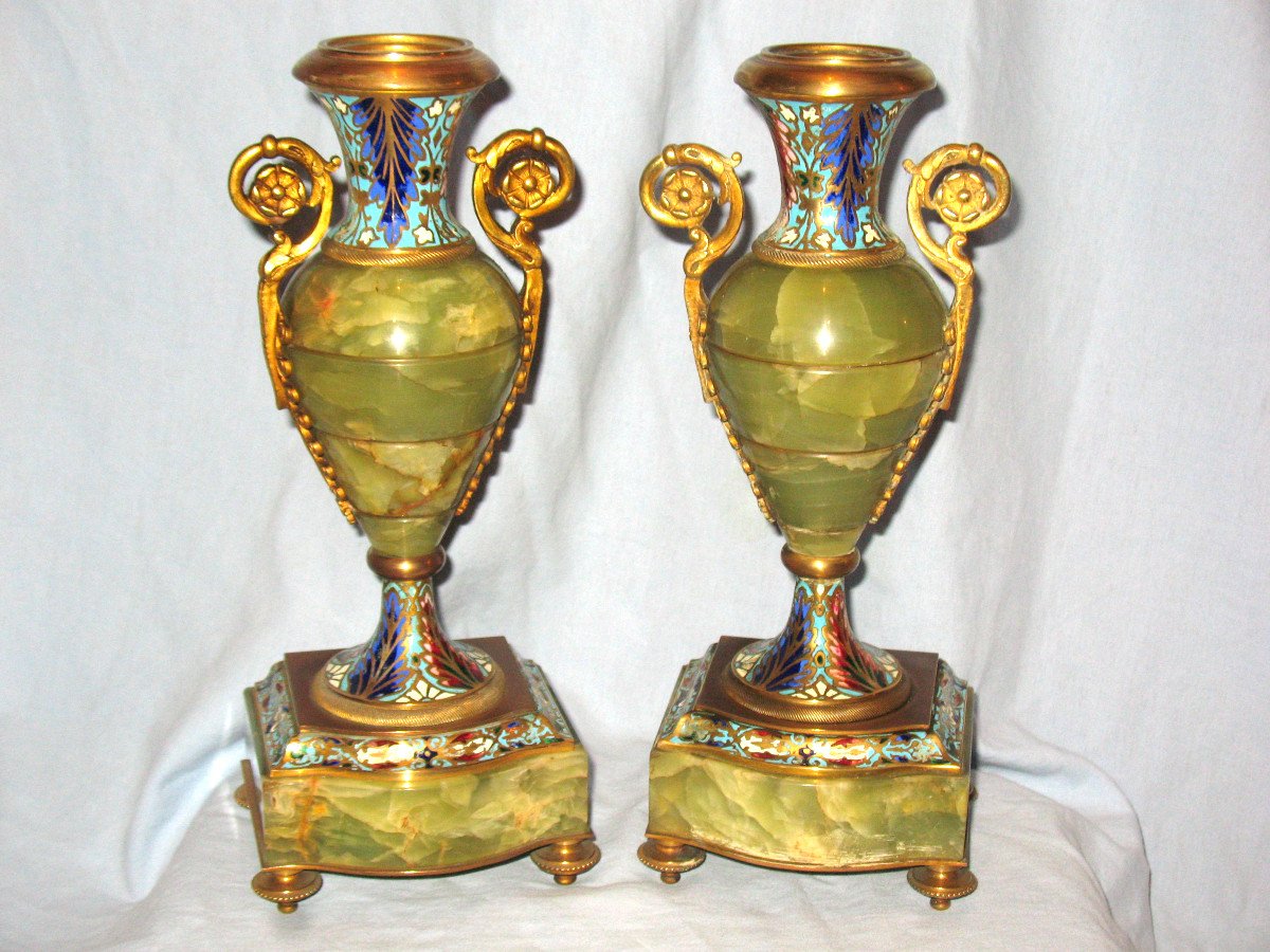 Pair Of Cassolettes In Onyx And Bronze With Enamels 19th Century Empire Style-photo-2