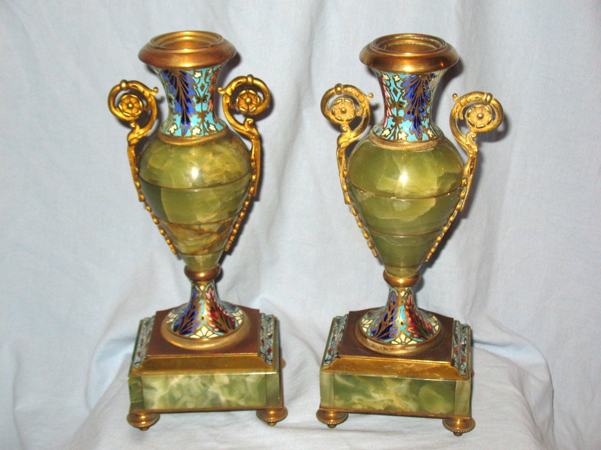 Pair Of Cassolettes In Onyx And Bronze With Enamels 19th Century Empire Style-photo-6