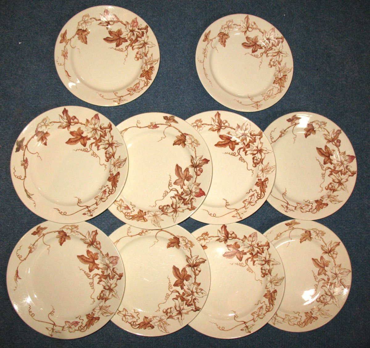 10 Lunéville Earthenware Plates With Brown Ivy Decor, Art Nouveau Period-photo-2