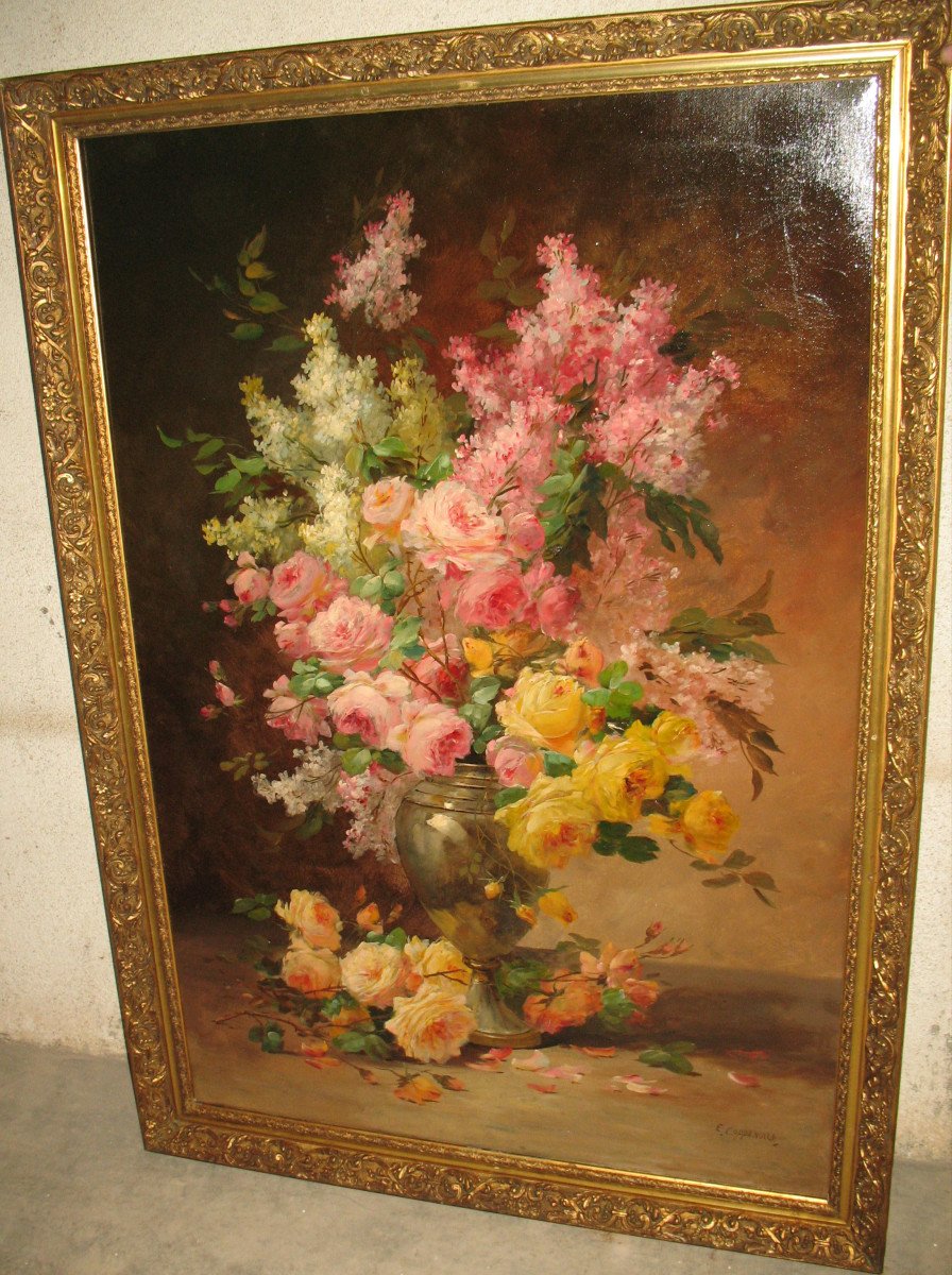 Edmond van Coppenolle grand bouquet de fleurs nature morte huile sur toile encadrée fin 19ème-photo-2