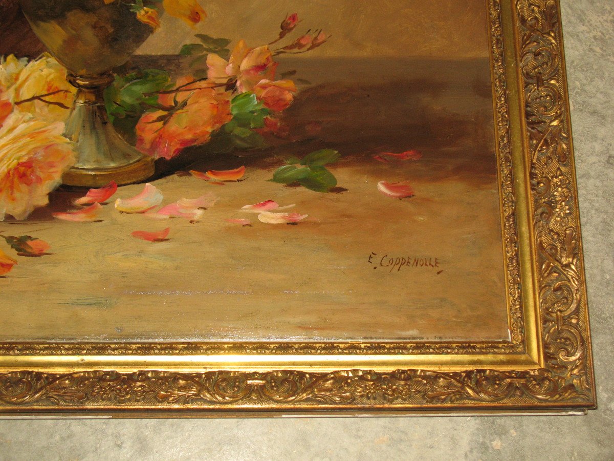 Edmond van Coppenolle grand bouquet de fleurs nature morte huile sur toile encadrée fin 19ème-photo-4