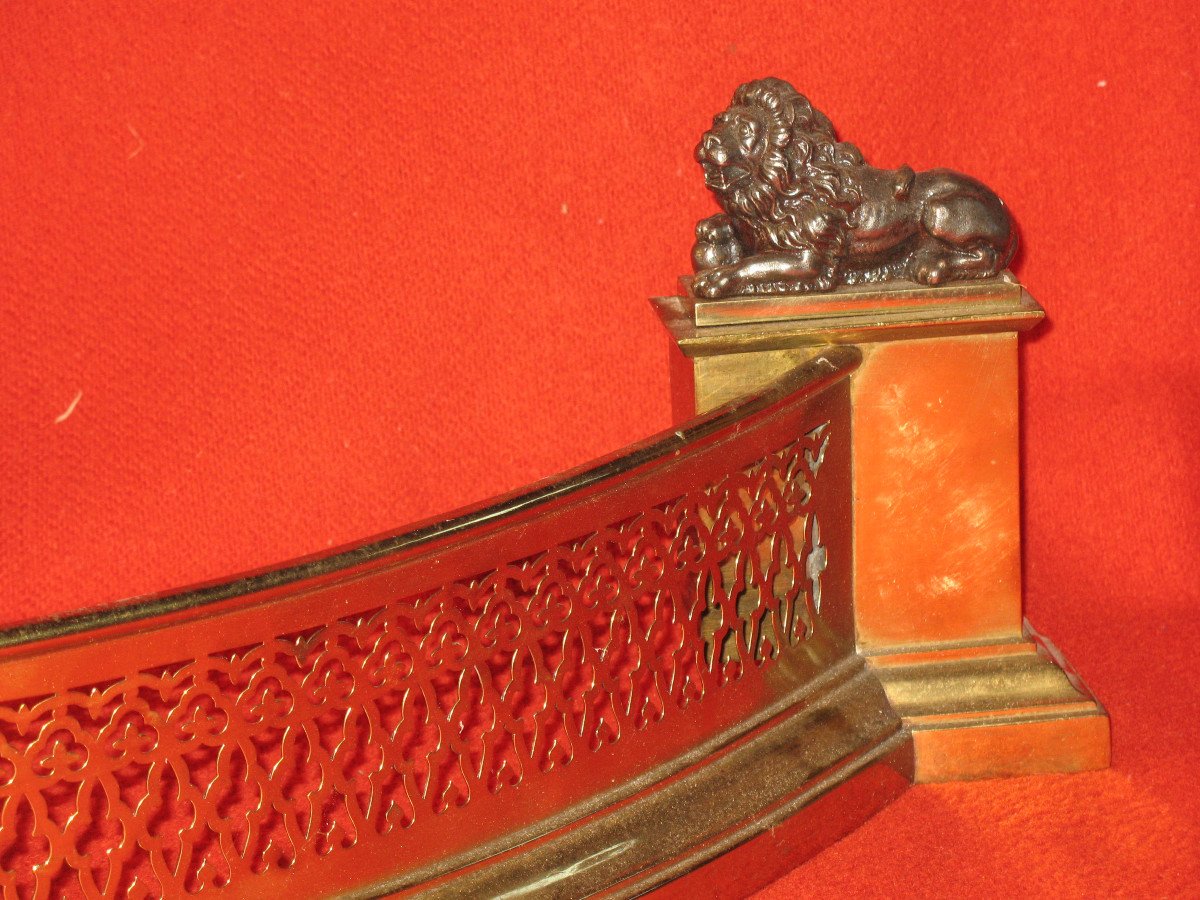 Fireplace Front, Bronze Arched Fireplace Bar With Pair Of Lions, 19th Century-photo-3