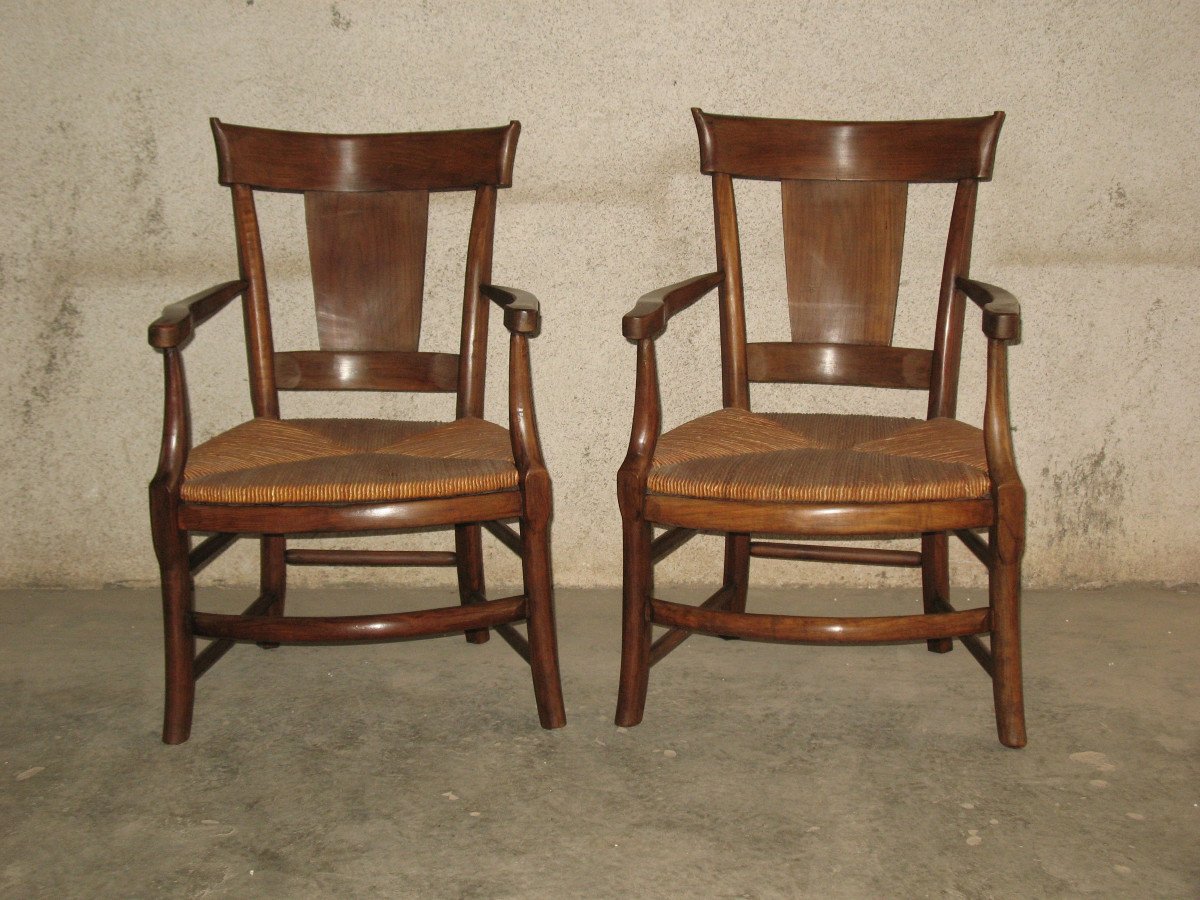 Pair Of Restoration Period Straw Armchairs In Walnut Origin Périgord 19th Century Directoire Style-photo-2