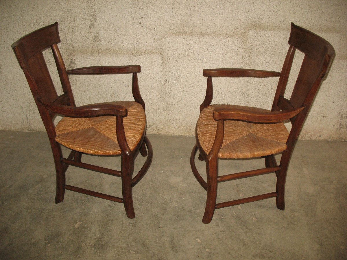 Pair Of Restoration Period Straw Armchairs In Walnut Origin Périgord 19th Century Directoire Style-photo-4