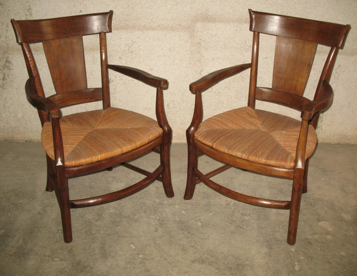 Pair Of Restoration Period Straw Armchairs In Walnut Origin Périgord 19th Century Directoire Style