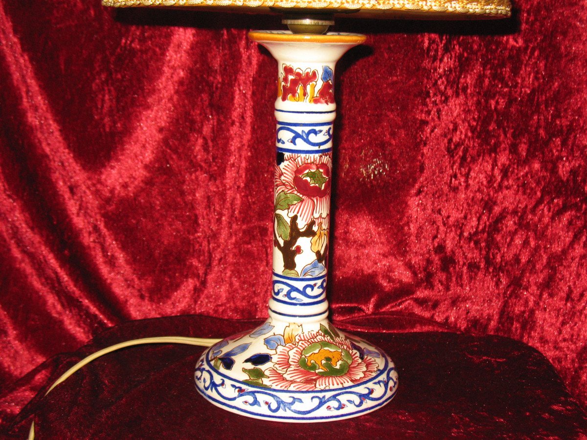 Candlestick-shaped Lamp In Gien Earthenware With Peony Decoration And Its Original Lampshade-photo-3