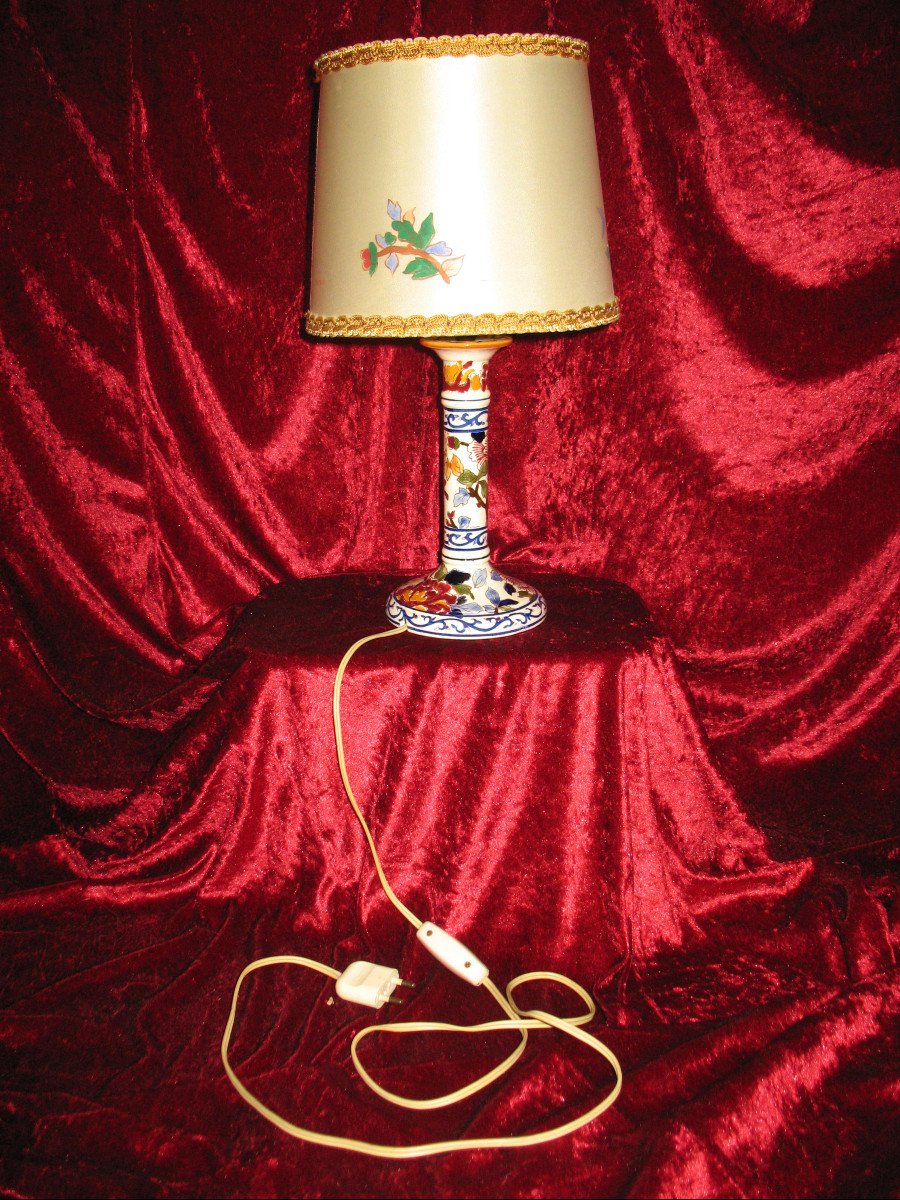 Candlestick-shaped Lamp In Gien Earthenware With Peony Decoration And Its Original Lampshade-photo-4