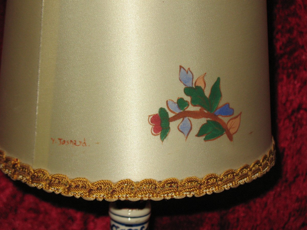 Candlestick-shaped Lamp In Gien Earthenware With Peony Decoration And Its Original Lampshade-photo-3