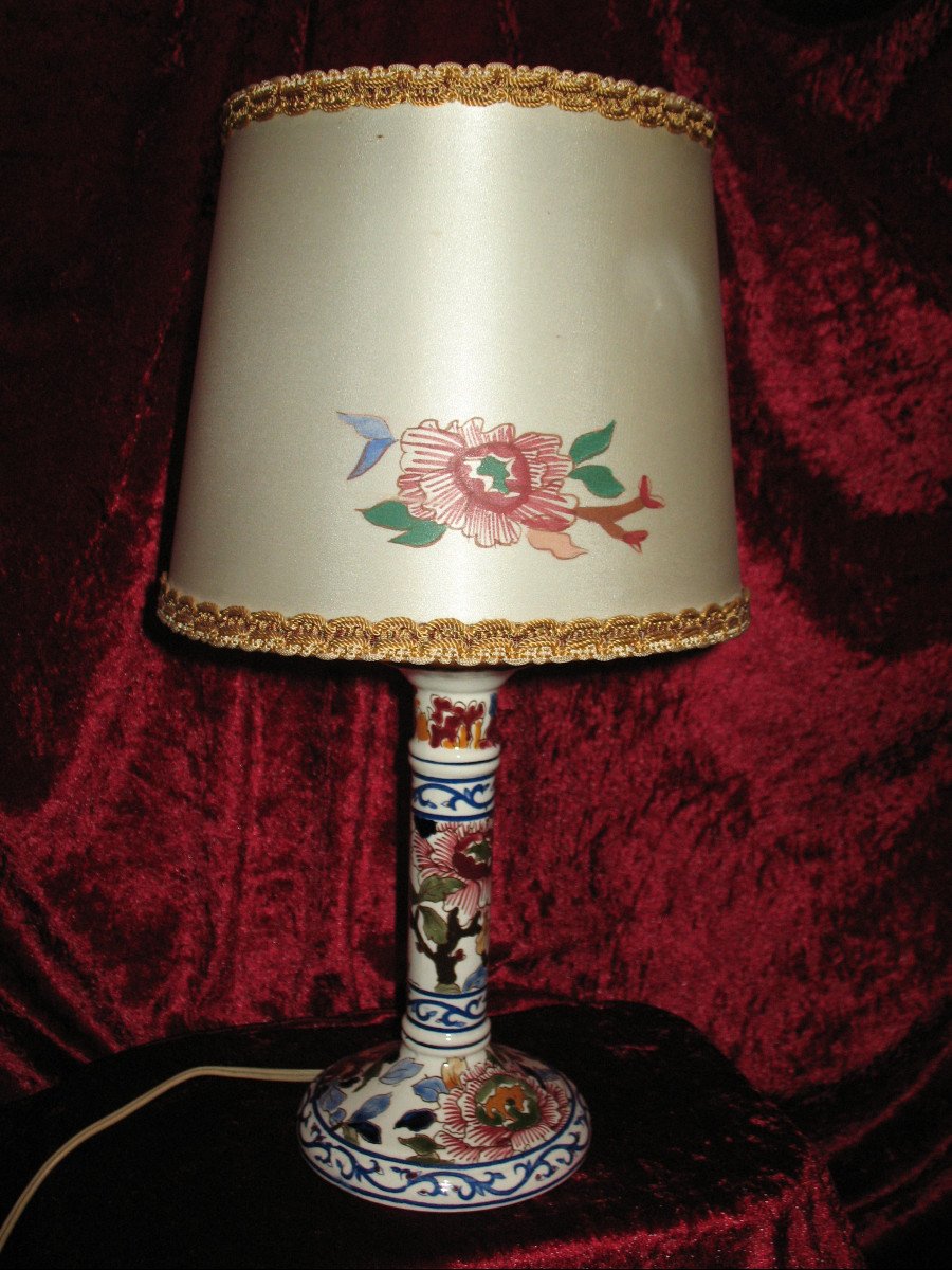 Candlestick-shaped Lamp In Gien Earthenware With Peony Decoration And Its Original Lampshade-photo-7