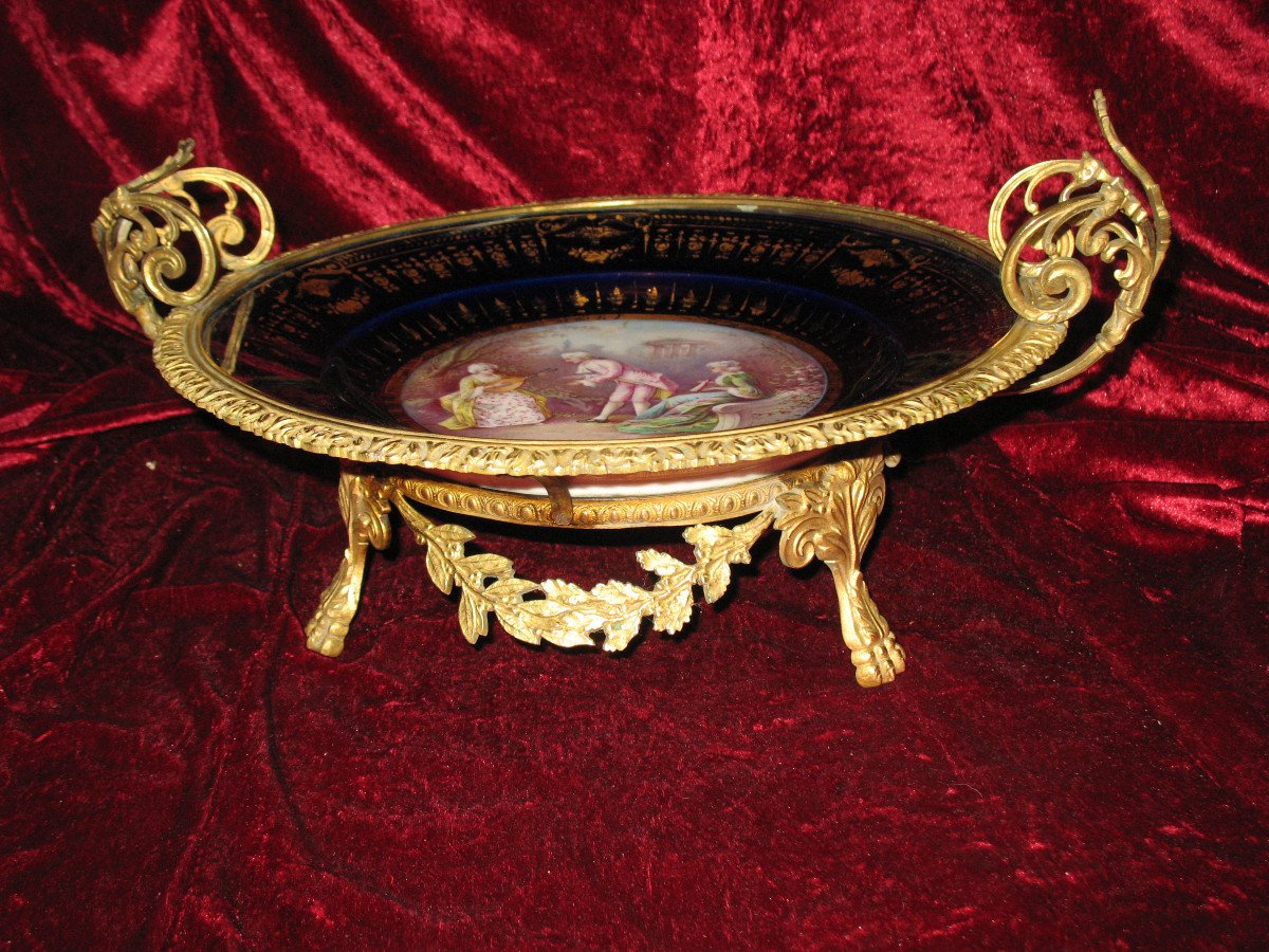 Coupe centre de table en porcelaine de Sèvres et bronze de style Louis XVI époque 19ème-photo-2