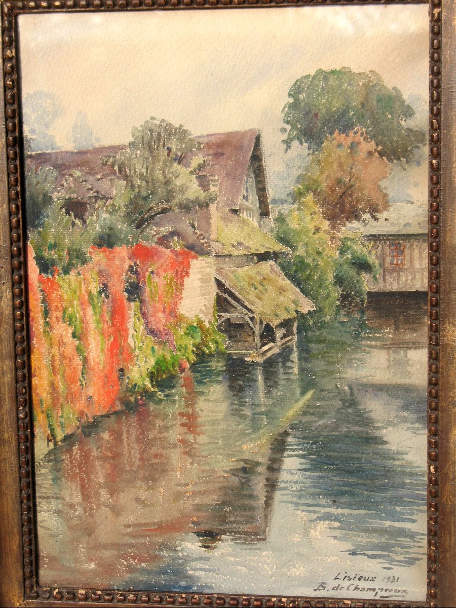 Lisieux View Of Touques Watercolor By Bertrand De Champeaux Signed And Dated 1931-photo-2