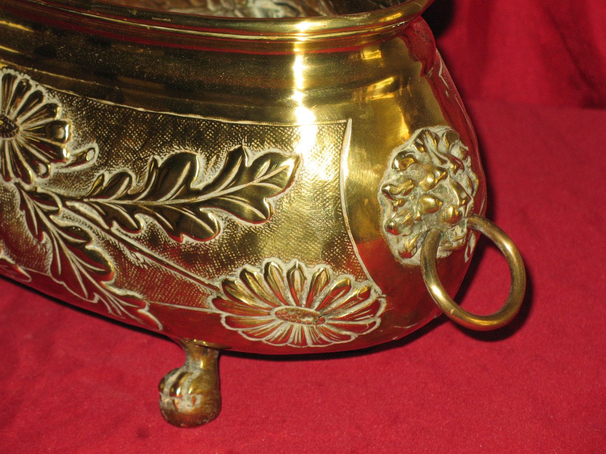 Brass Planter With Floral Decoration, 19th Century Napoleon III-photo-1