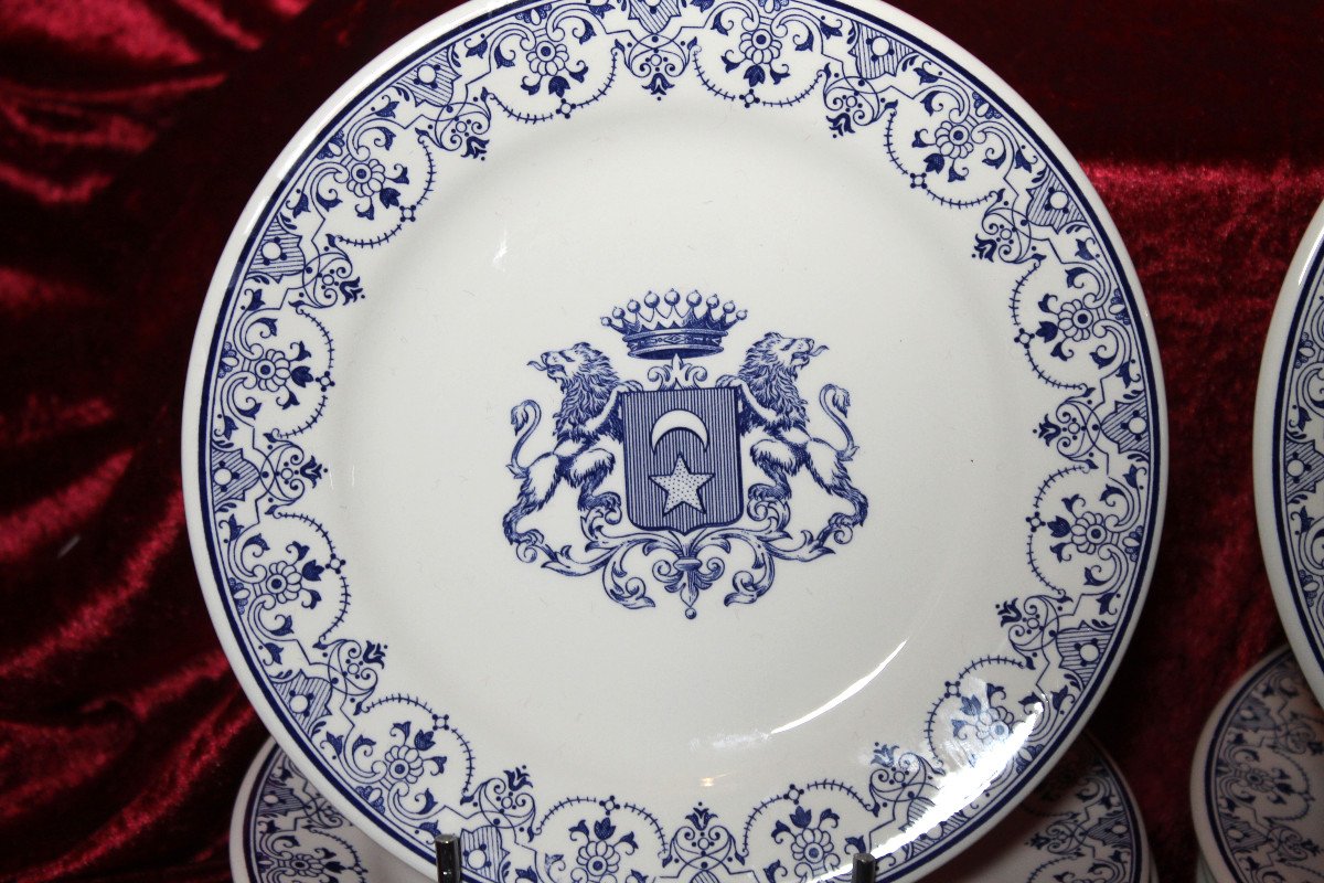 22 Gien Earthenware Dessert Plates With Rouen Coat Of Arms Decoration, 20th Century. Perfect Condition.-photo-3