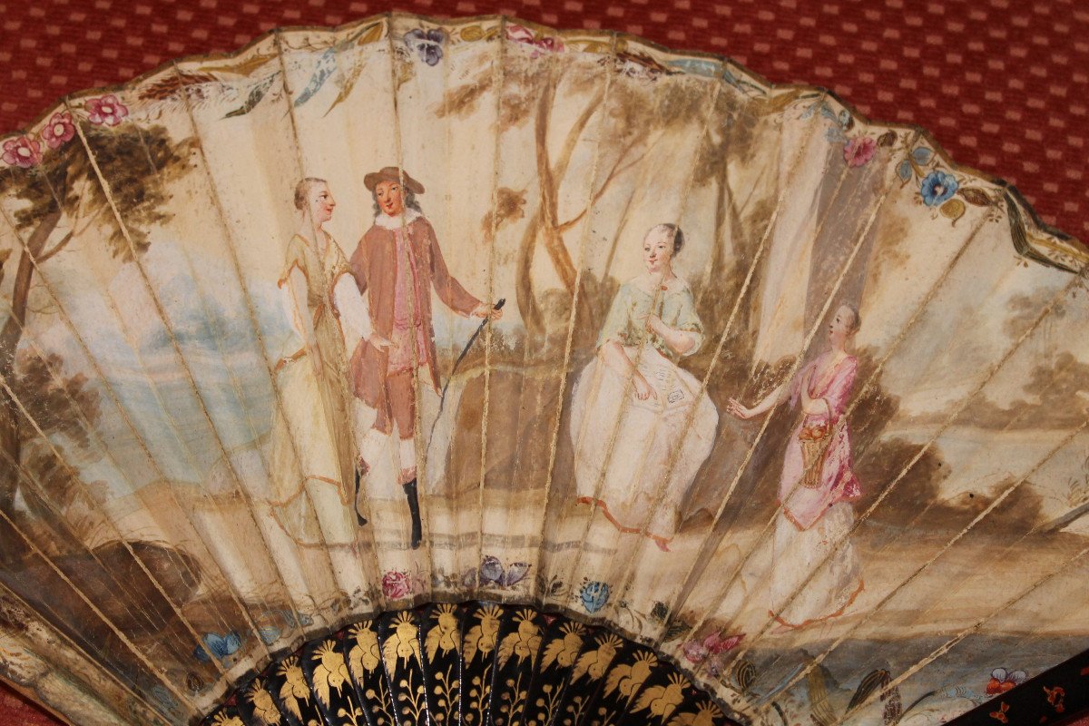 Fan In Lacquered Wood And Gouache Sheet Of A Genre Scene From The Napoleon III Period-photo-2