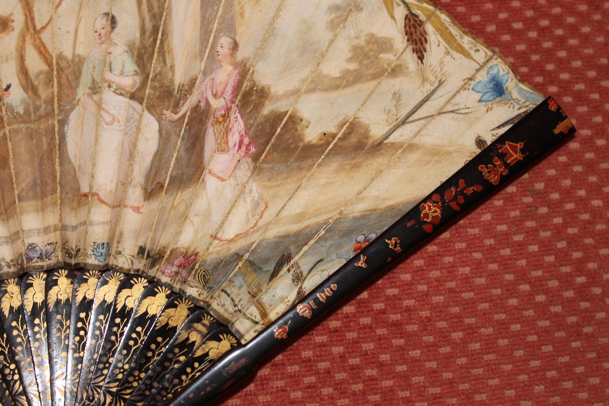 Fan In Lacquered Wood And Gouache Sheet Of A Genre Scene From The Napoleon III Period-photo-3