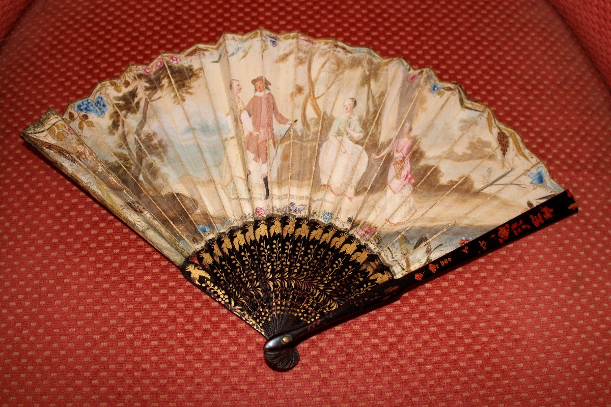 Fan In Lacquered Wood And Gouache Sheet Of A Genre Scene From The Napoleon III Period-photo-4