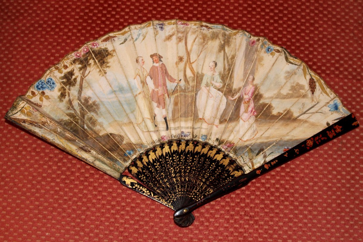 Fan In Lacquered Wood And Gouache Sheet Of A Genre Scene From The Napoleon III Period