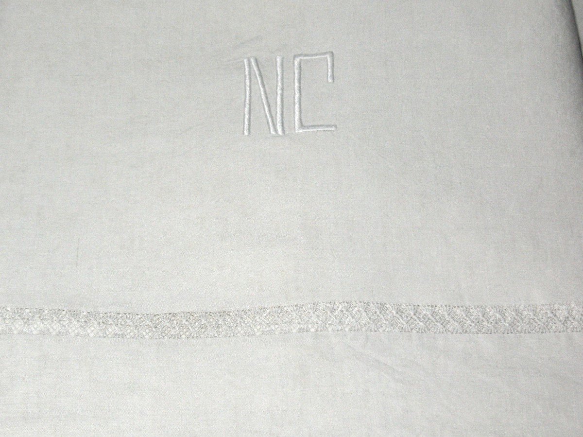 Paire de draps en fil de lin bordure en dentelle initiales NC parfait état  d : 240 x 300 cm-photo-3