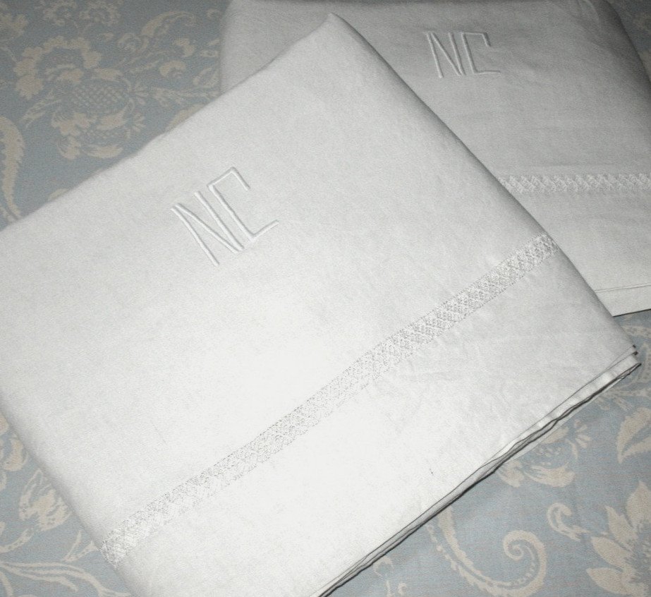 Pair Of Linen Thread Sheets With Lace Border Nc Initials, Perfect Condition: 240 X 300 Cm-photo-1