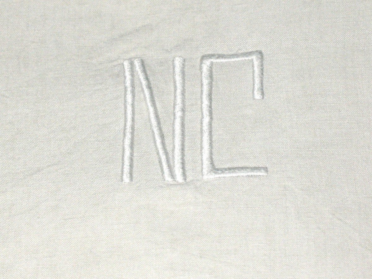 Paire de draps en fil de lin bordure en dentelle initiales NC parfait état  d : 240 x 300 cm-photo-3