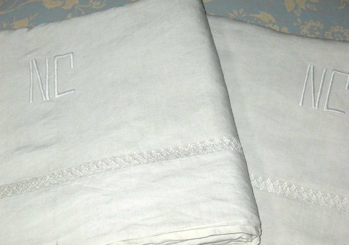 Pair Of Linen Thread Sheets With Lace Border Nc Initials, Perfect Condition: 240 X 300 Cm-photo-4