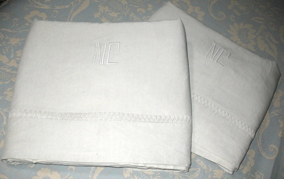 Pair Of Linen Thread Sheets With Lace Border Nc Initials, Perfect Condition: 240 X 300 Cm