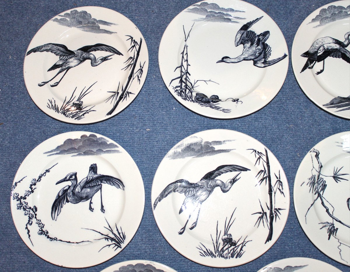 8 Lunéville Earthenware Plates, Large Birds, Keller And Guérin Period, Japanese Style, 19th Century-photo-2