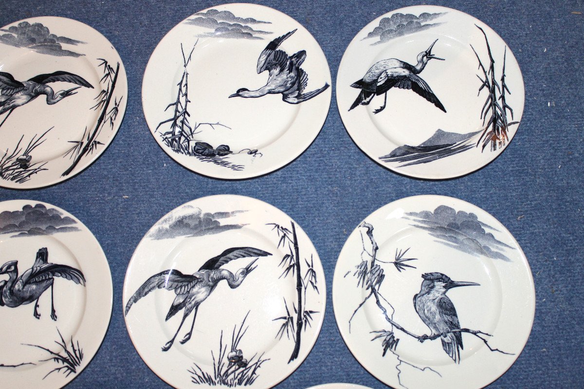 8 Lunéville Earthenware Plates, Large Birds, Keller And Guérin Period, Japanese Style, 19th Century-photo-3